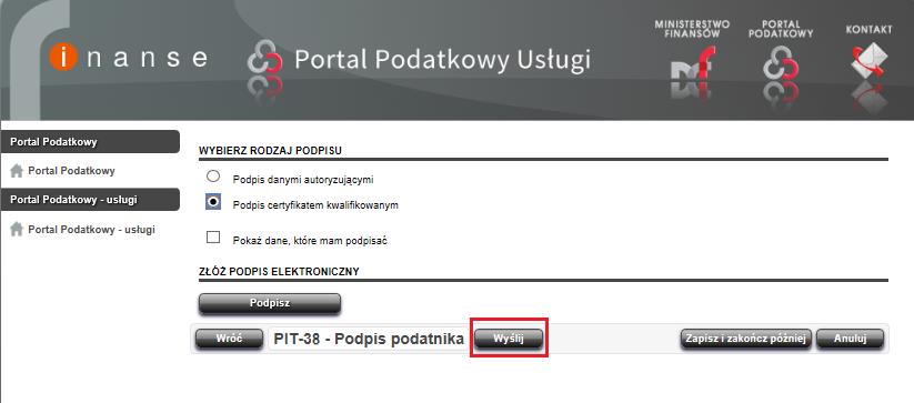 Rysunek 72 Wybór rodzaju podpisu Krok 15 Na ekranie zostanie wyświetlone okno, w którym dwukrotnie należy wpisać adres e-mail, na