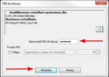 Rysunek 97 Podpis certyfikatem kwalifikowanym podanie kodu PIN Krok 4 Na ekranie zostanie wyświetlony komunikat przedstawiony na rysunku poniżej.