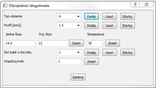 Dla każdego typu ułożenia kabla mamy listę przekrojów poprzecznych przewodu prądowego, maksymalną temperaturę, jaką jest w stanie wytrzymać instalacja oraz maksymalny amperaż, jaki jest w stanie