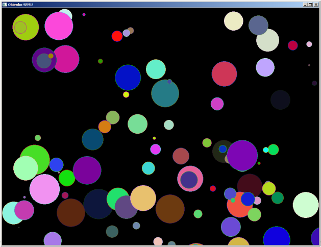 [p04a_los-obiekty] 4 int szer=1024, wys=768; 5 const int N=100; 6 int r[n], x[n], y[n], R[N], G[N], B[N]; 7 srand(time(null)); 8 for (int i=0;i<n;i++) { 9 r[i]=rand()%50; 10 x[i]=rand()%szer;