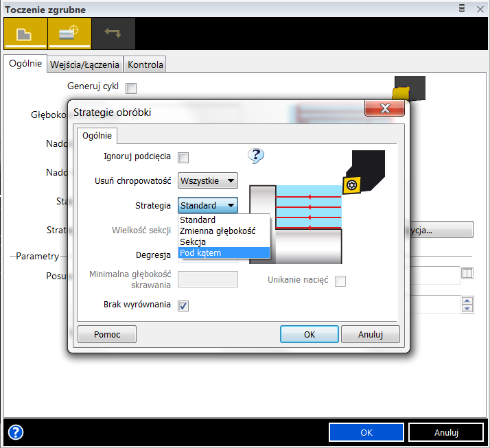 Usprawnienia w obróbce Toczenie Zgrubne Nowa strategia Nowa strategia obróbki Pod kątem została dodana do Cyklu Zgrubnego w toczeniu: Metoda obróbki wykorzystywana jest do wykonywania głębokich