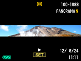 Oglądanie obrazu panoramicznego 1. Naciśnij [p] (PLAY), a następnie użyj [4] i [6], aby wyświetlić obrazy panoramiczne, które chcesz obejrzeć. 2. Naciśnij [SET], aby rozpocząć odtwarzanie panoramy.