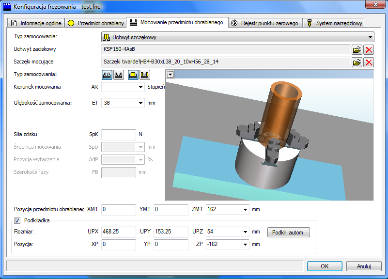 Dialog przygotowawczy Zakładka: mocowanie przedmiotu obrabianego uchwyt szczękowy Przegląd możliwych kombinacji mocowania Wybór typów mocowania w obrębie zarządzania wybrane wcześniej mocowanie