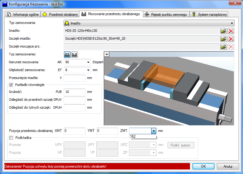 Dialog przygotowawczy Zakładka: mocowanie przedmiotu obrabianego Zasada mocowania W celu wykonania obróbki przedmiotu obrabianego istotne jest właściwe umiejscowienie go na stole obrabiarki