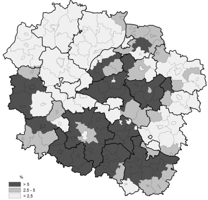 46 Anna Dubownik, Roman Rudnicki Największe natężenie uprawy odnotowano w gminach wchodzących w skład powiatów: golubsko-dobrzyńskiego, aleksandrowskiego, mogileńskiego, inowrocławskiego i