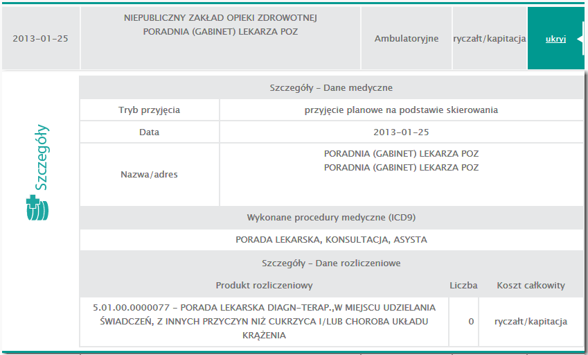 Lista Świadczenia medyczne zawiera zestawienie świadczeń wykonanych pacjentowi zalogowanemu w systemie.