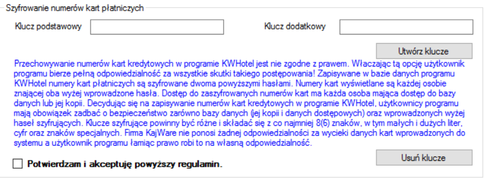 Aby móc zapisywać numery kart należy: - uruchomić program jako administrator, - stworzyć 2 klucze szyfrujące składające się z minimum 8 znaków (dużych i małych liter oraz cyfr), - zaakceptować