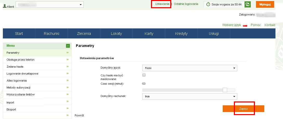 2.1 Ustawienia W celu uruchomienia modułu Ustawienia, należy skorzystać z menu znajdującego się w prawej górnej części ekranu.