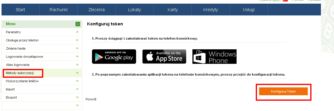 Rysunek: Lista zamówionych kart kodów Dostępne opcje dla metody autoryzacji Token Rysunek: Rozpoczęcie konfiguracji Metody autoryzacji - Token Po użyciu przycisku Konfiguruj token, wyświetlony