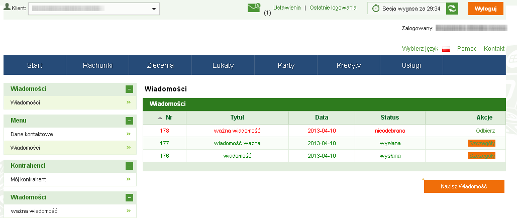 Rysunek: Dane kontaktowe Sekcja Wiadomości umożliwia korespondencję między administratorem Banku a Klientem.