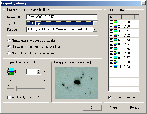 42 16. EKSPORTOWANIE OBRAZÓW Z PROGRAMU Gdy istnieje potrzeba archiwizowania obrazów mikroskopowych sączków w postaci plików graficznych można je wyeksportować z programu.