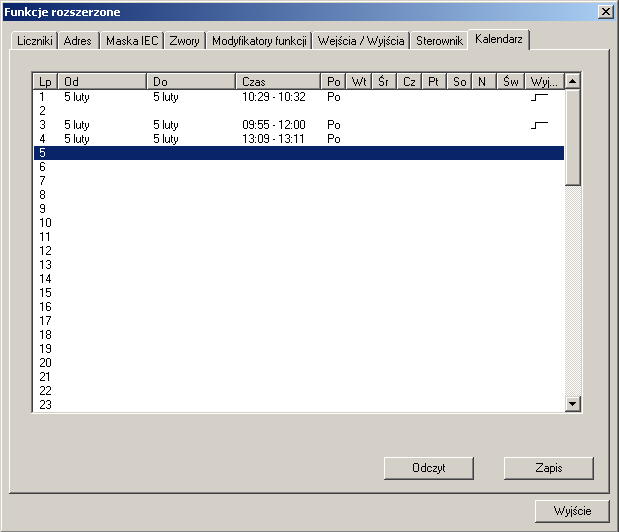 Widok okienka Zwory w programie SAZ 2000 5. KALENDARZ. Urządzenie posiada wewnętrzny kalendarz współpracujący z automatyką ABK. Umożliwia on dokonanie 50 wpisów kalendarzowych.