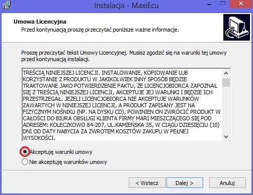 Kolejnym krokiem jest przeczytanie i akceptowanie warunków umowy licencyjnej.