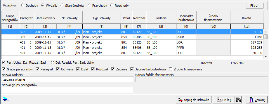 Przykład raportu z historią zmiany wybranego zadania: 7.2.4. Wydruk raportu Wydruk raportu wykonuje się analogicznie do wydruku dla przekrojowej prezentacji budżetu.