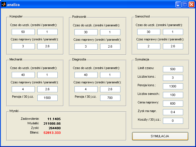2.3) Interfejs graficzny Aby ułatwić przeprowadzanie symulacji stworzyliśmy dla niej graficzny interfejs oprócz wywoływania funkcji analiza_systemu odpowiada on także za obliczanie kosztów
