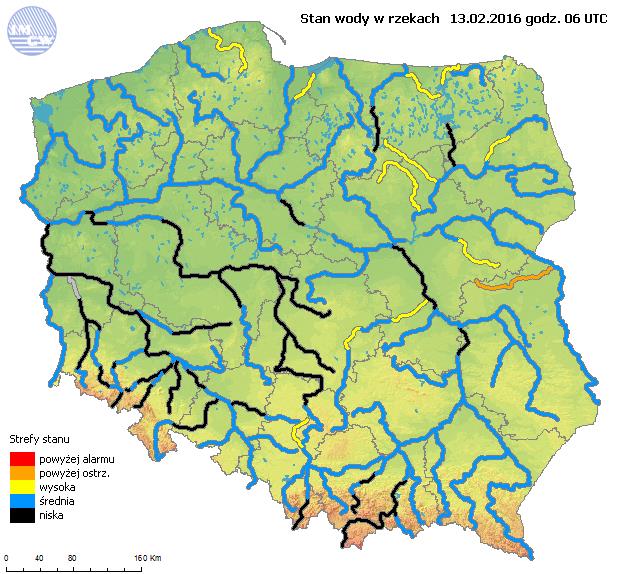 opadów Stan wody na głównych rzekach