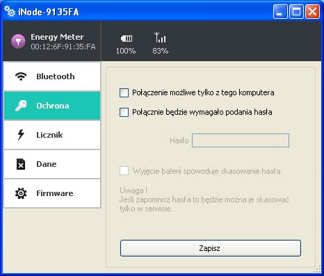 Po wybraniu zakładki Ochrona pojawi się następujące okienko: W polach: Połączenie tylko z tego komputera: możemy zabezpieczyć się przed połączeniem się z inode Energy Meter z innego komputera lub