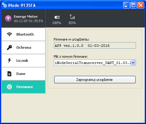 Po wybraniu zakładki Firmware pojawi się następujące okienko: W polu Firmware w urządzeniu wyświetlana jest wersja firmware znajdująca się w urządzeniu i data jego utworzenia.