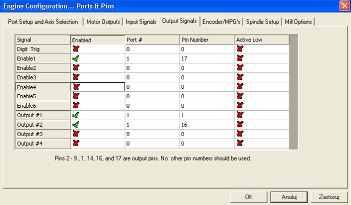 oraz wyjść ogólnego przeznaczenia (Output#n). Wyjście Enable posłuży nam do załączania sterowników osi.