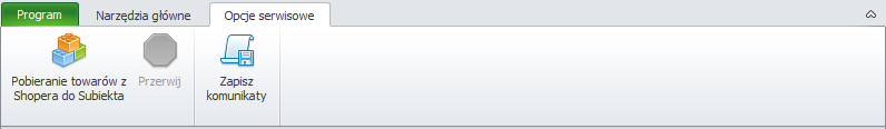 7.3 Zakładka opcje serwisowe Zakładka ta ma na celu pobranie towarów z sklepu Shoper do programu Subiekt.