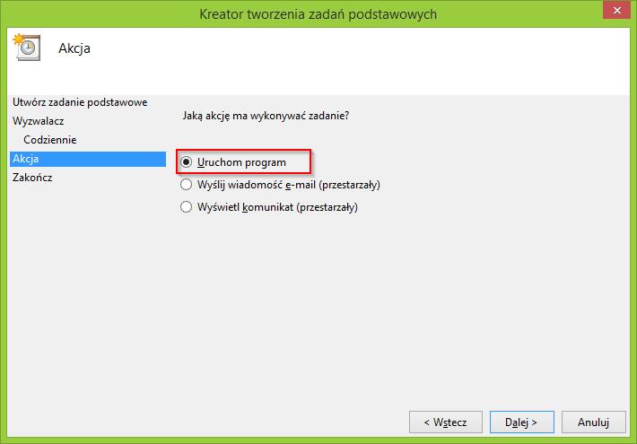 Ostatnim krokiem będzie zdefiniowanie akcji zadania.