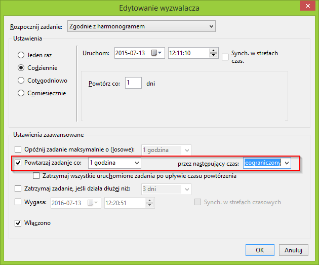W następnym oknie należy zaznaczyć powtarzaj zadanie co, a następnie ustawić odstęp czasowy. W polu przez następujący czas należy wybrać nieograniczony.
