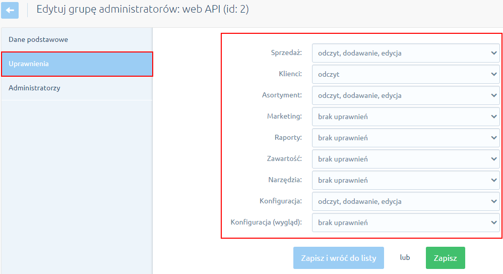 Dodając grupę administratorów należy uzupełnić jej nazwę, opis oraz umożliwić dostęp do webapi.