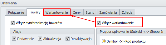 Włącz wariantowanie zaznaczenie tej opcji umożliwi zdefiniowanie wariantów dla eksportowanych towarów. Gdy opcja będzie aktywna, pokaże się dodatkowa zakładka na pasku zakładek.