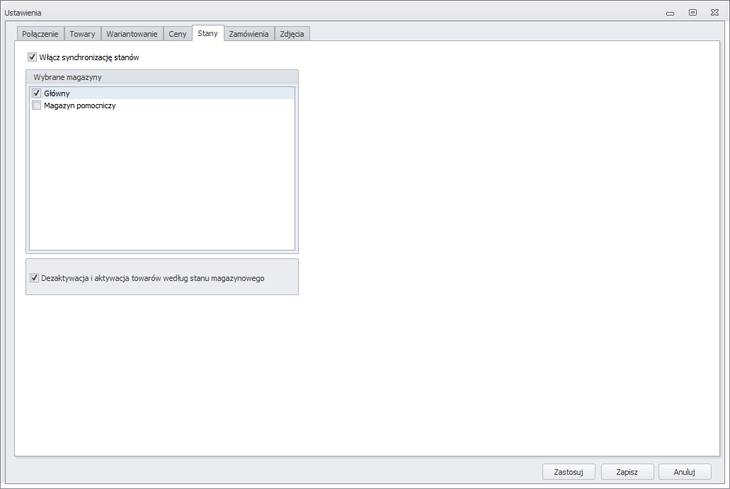 7.1.1.5 Ustawienia stanów magazynowych Zakładka stany umożliwia konfigurację synchronizacji stanów magazynowych Subiekta ze stanami w sklepie Shoper.
