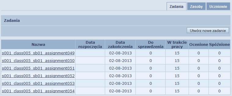 Aby wyświetlić zadania dla wybranej klasy i przedmiotu: kliknij link z nazwą przedmiotu w sekcji Klasy w panelu po lewej stronie zakładki.