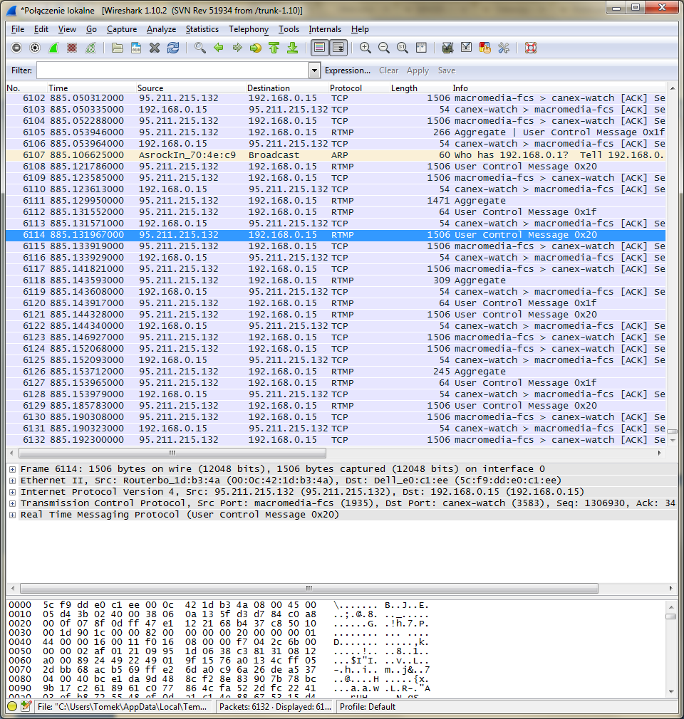 Nielegalna telewizja w Internecie Okno programu Wireshark Analiza zebranych pakietów pozwoli na określenie źródłowego adresu IP, z którego prowadzona jest transmisja, a tym samym pozwoli na podjęcie