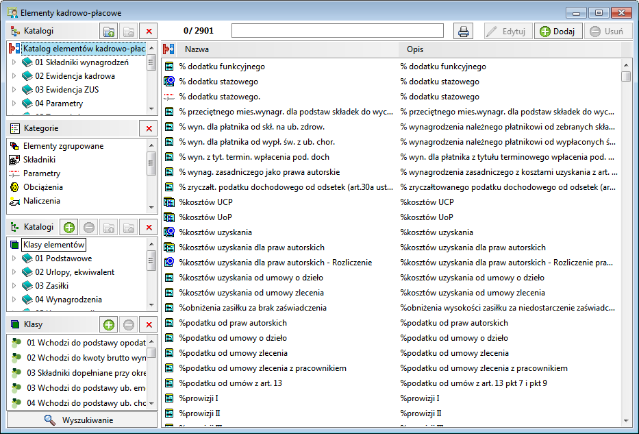 Rys. 115 Okno Elementy kadrowo-płacowe zakładka Katalogi lista elementów. Analogicznie jak poprzednio, tworzymy katalog, np. Własne, gdzie będą przechowywane elementy własne.