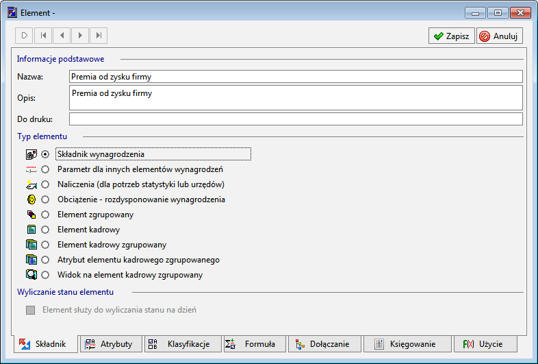 Rys. 120 Okno Element zakładka Składnik wybór typu dla Premia od zysku firmy.