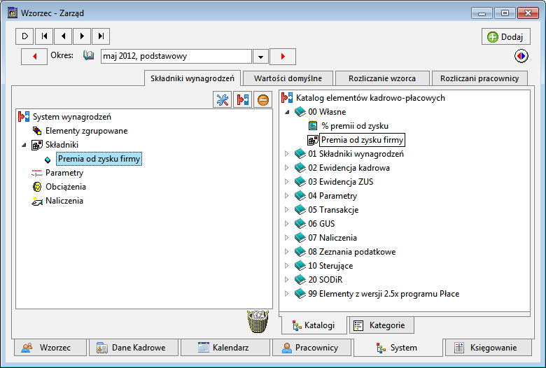 Rys. 130 Zakładka systemu wynagrodzeń wzorca po dodaniu elementu.