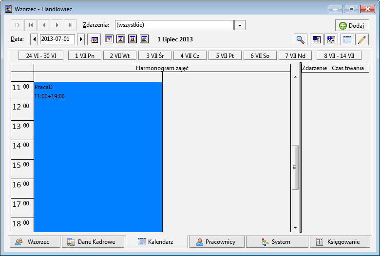 Rys. 175 Widok dzienny kalendarza pracownika przypisanego do wzorca Handlowiec.