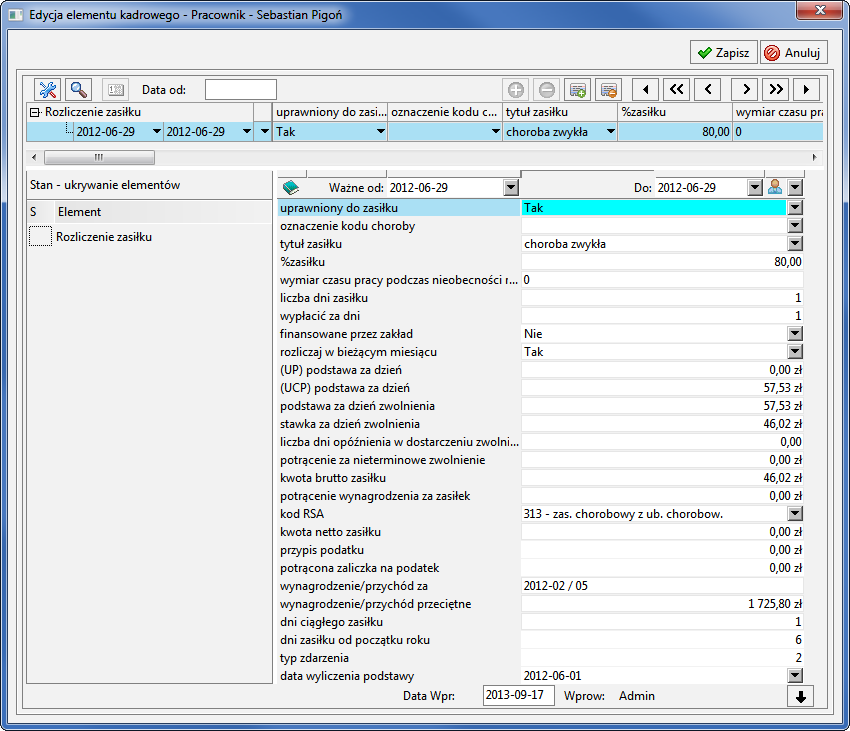 Po zatwierdzeniu zdarzenia otwarte zostanie okno Edycja elementu kadrowego przedstawiające Podstawy do chorobowego, którego atrybuty wynagrodzenie z UCP (ub.chor.) oraz wynagrodzenie z UCP (ub.wyp.