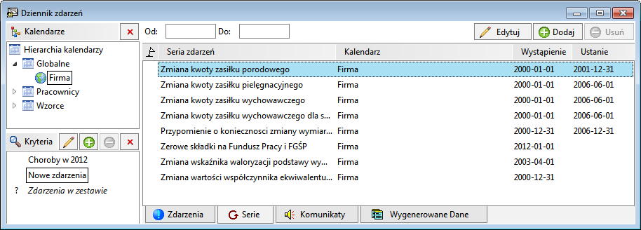 Rys. 212 Grupowa realizacja zdarzeń zdarzenia zrealizowane 9.4 Serie zdarzeń W pracy działu kadrowo - płacowego mamy często do czynienia ze zdarzeniami powtarzającymi się cyklicznie.