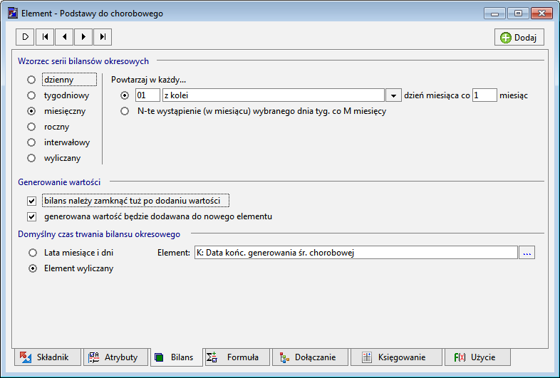Na zakładce Bilans można również wybrać znacznik: Generowana wartość będzie dodawana do nowego elementu, który oznacza, że kolejne wartości bilansu będą dodawane do niego jako nowe dane, a nie nowe