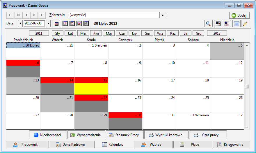 Rys. 9 Okno Pracownik zakładka Kalendarz kalendarz pracownika etatowego zainicjalizowany wzorcem czasu System czterobrygadowy - Brygada A.