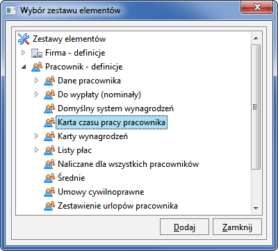 Rys. 234 Okno Nowy okres zakładka Zestawy W głównym obszarze okna wyświetlane są zestawy elementów naliczanych dodatkowo dla każdego pracownika rozliczanego w danym okresie płacowym.