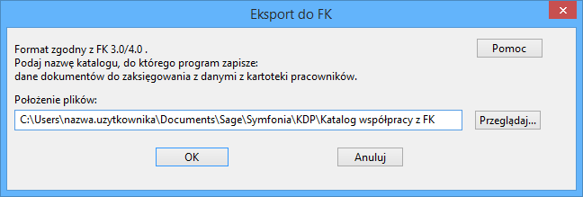 Po wpisaniu nazwy stanowiska i jej zaakceptowaniu przyciskiem OK pojawia się okno dialogowe Eksport do FK. Rys. 277 Dialog Eksport do FK.
