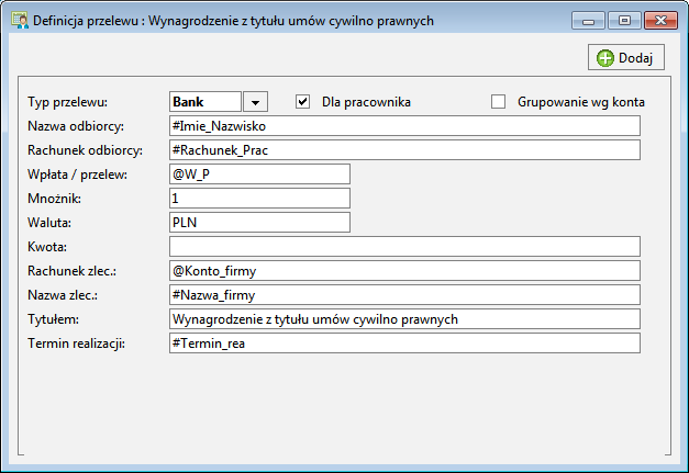 Rys. 282 Dodawanie i edycja definicji przelewów.