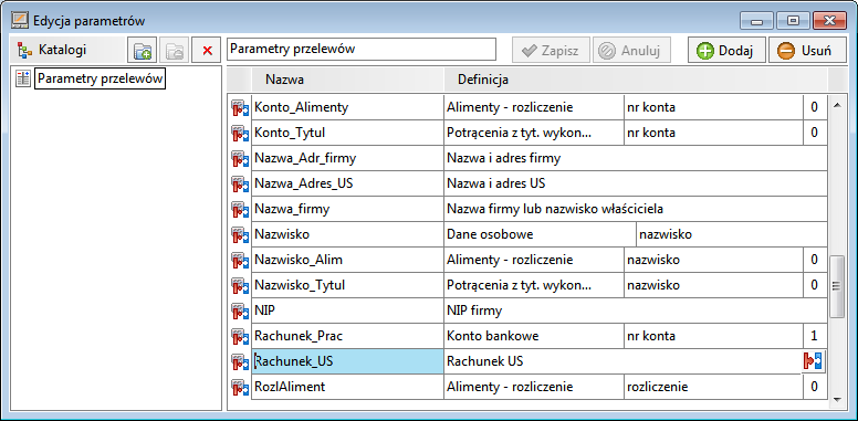 Program Kadry i Płace udostępnia dwa rodzaje parametrów, rozróżniane przez prefiks: # - Parametry - przetwarzane są bez udziału użytkownika w momencie generowania przelewów.