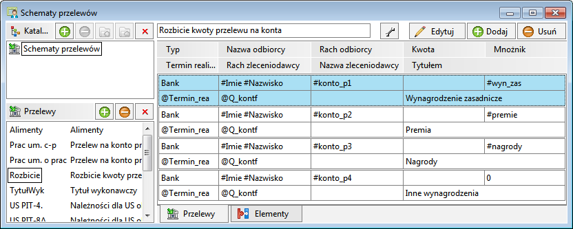 Następnie przypinamy tak zdefiniowany schemat przelewu do elementu na zakładce Elementy w prawej części okna Schematy przelewów przez dodanie elementu Przelew (całość). Rys.