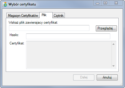 Po wpisaniu hasła należy kliknąć przycisk Dalej. Rys. 345 Okno Wybór certyfikatu zakładka Plik. 15.7.2.