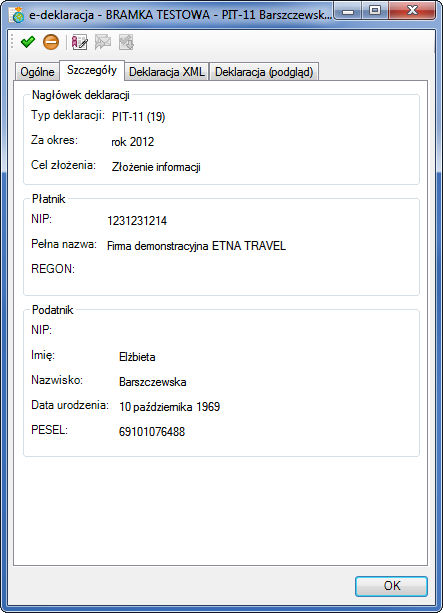 Rys. 351 Okno informacji o e-deklaracji panel Ogólne po wygenerowaniu e-deklaracji.