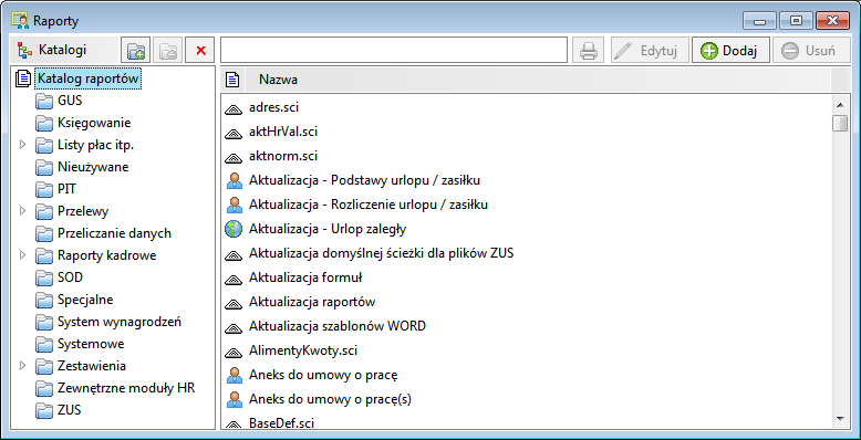 Rys. 359 Okno Raporty. Okno to prezentuje katalogi raportów oraz pozwala zarządzać katalogami i definicjami raportów.