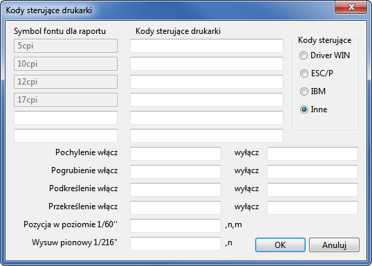 Kody polskich liter W tym polu należy wskazać sposób kodowania polskich liter dla drukarki igłowej. Do wyboru są: Bez polskich liter, IBM Latin 2, Mazovia, Windows, DHN, PN ISO Latin.