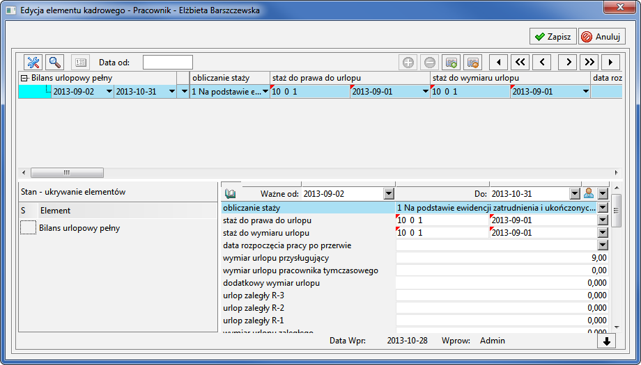 Rys. 50 Okno Edycja elementu kadrowego Bilans urlopowy pełny wprowadzanie danych początkowych.