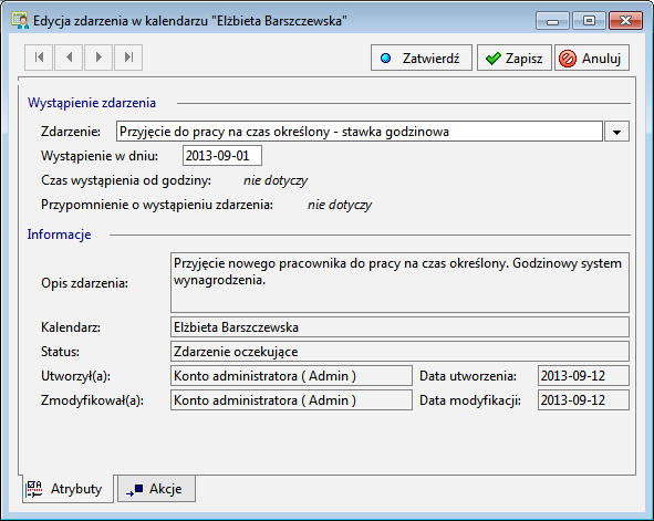 Zdarzenie rozwijamy listę, z której wybieramy zdarzenie, np. Przyjęcie do pracy na czas nieokreślony - Stawka godzinowa. Rys.